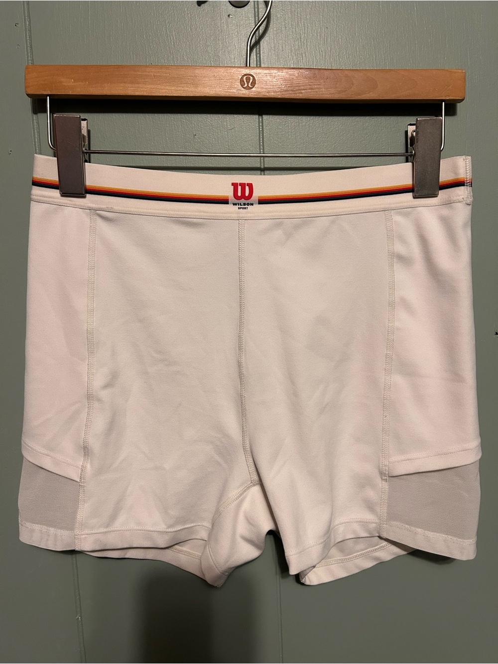 Wilson White Women's Bike Shorts with Red Logo and Orange Waist Stripe